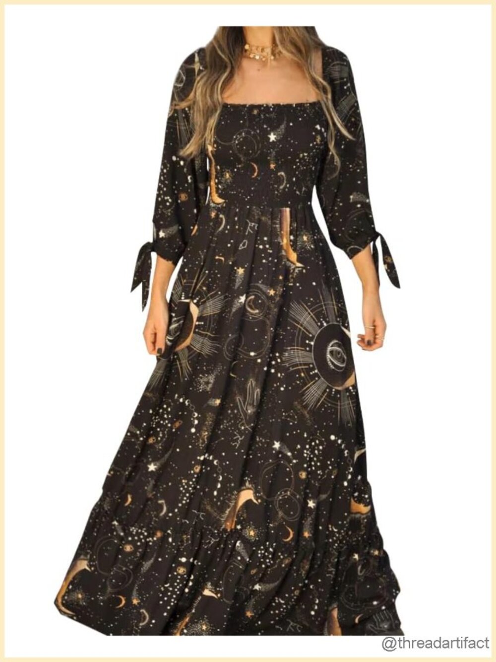 Boho Maxi Dress 3/4 Sleeve Casual Sundress Celestial Print Flowy Summer Fall